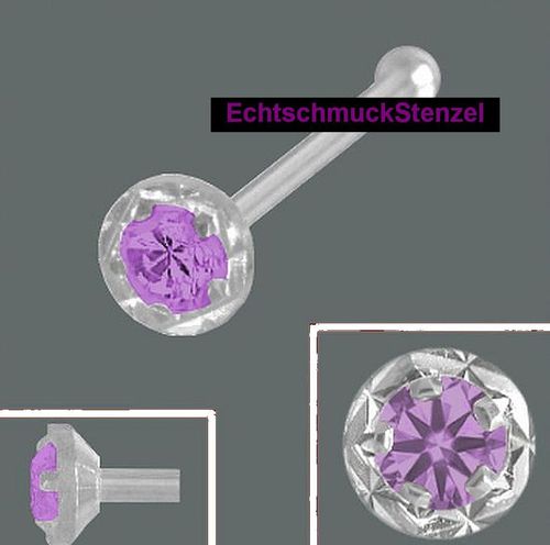925 Silber Nasenpiercing 3,0 mm diamantiert Kugelstift Zirkonia lila