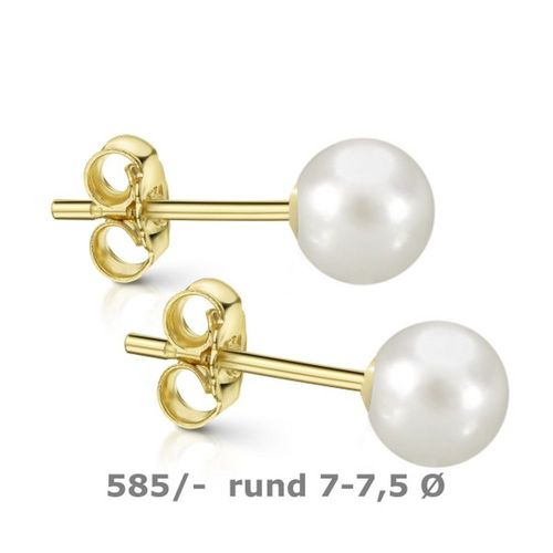 Ohrstecker 585 Gold, Ohrringe 7 - 7,5 mm Ø Süßwasserzucht Perle rund 1 Paar Neu