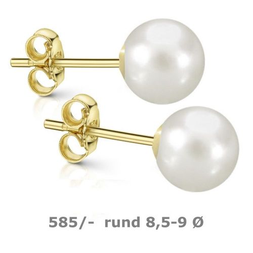 Ohrstecker 585 Gold, Ohrringe 8,5 - 9,0 mm Ø Süßwasserzucht Perle rund 1 Paar Neu